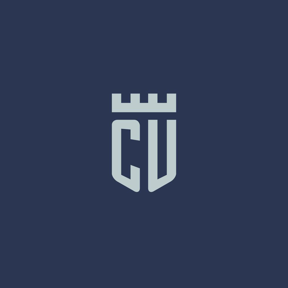 cu logotipo monograma com castelo fortaleza e design de estilo escudo vetor