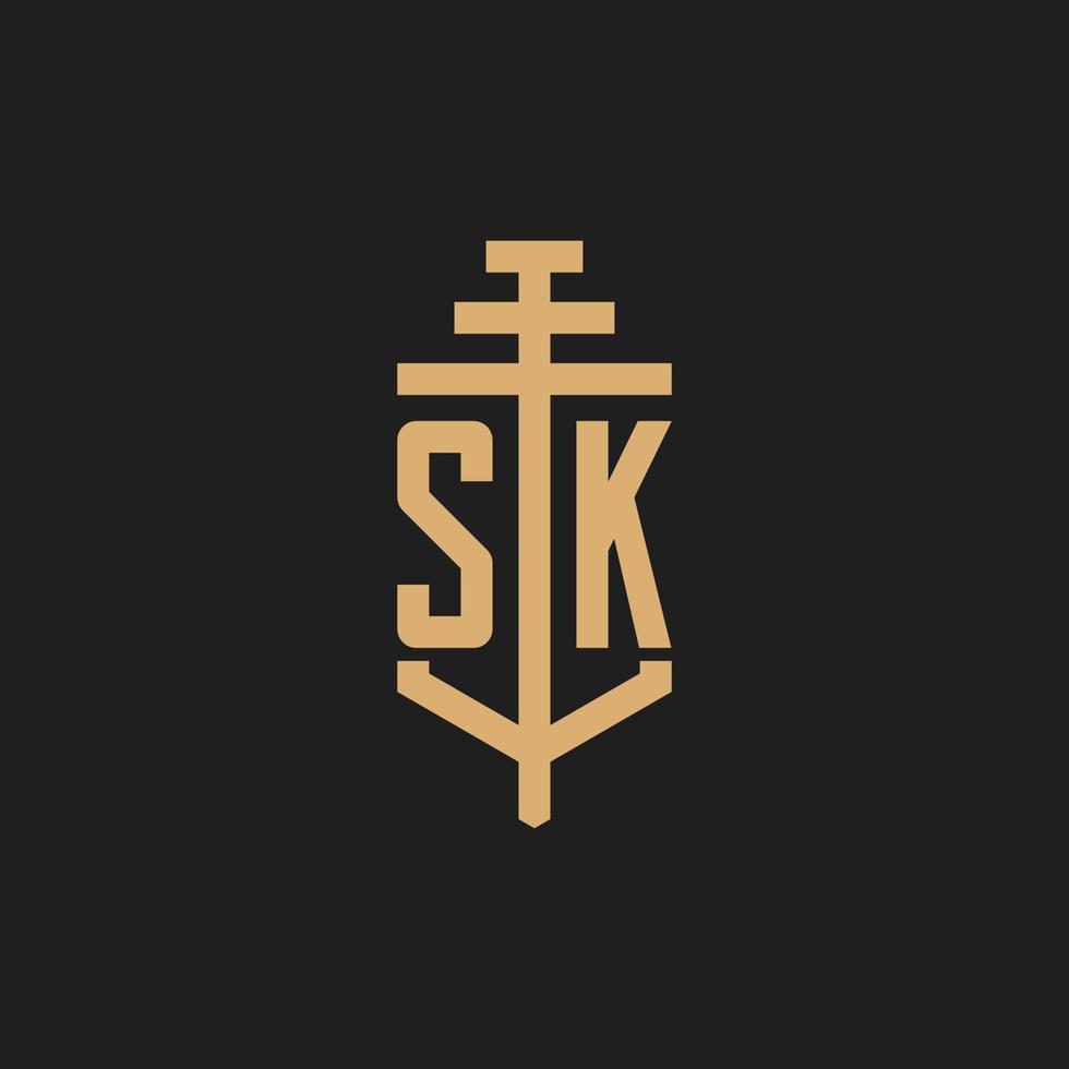 sk monograma de logotipo inicial com vetor de design de ícone de pilar