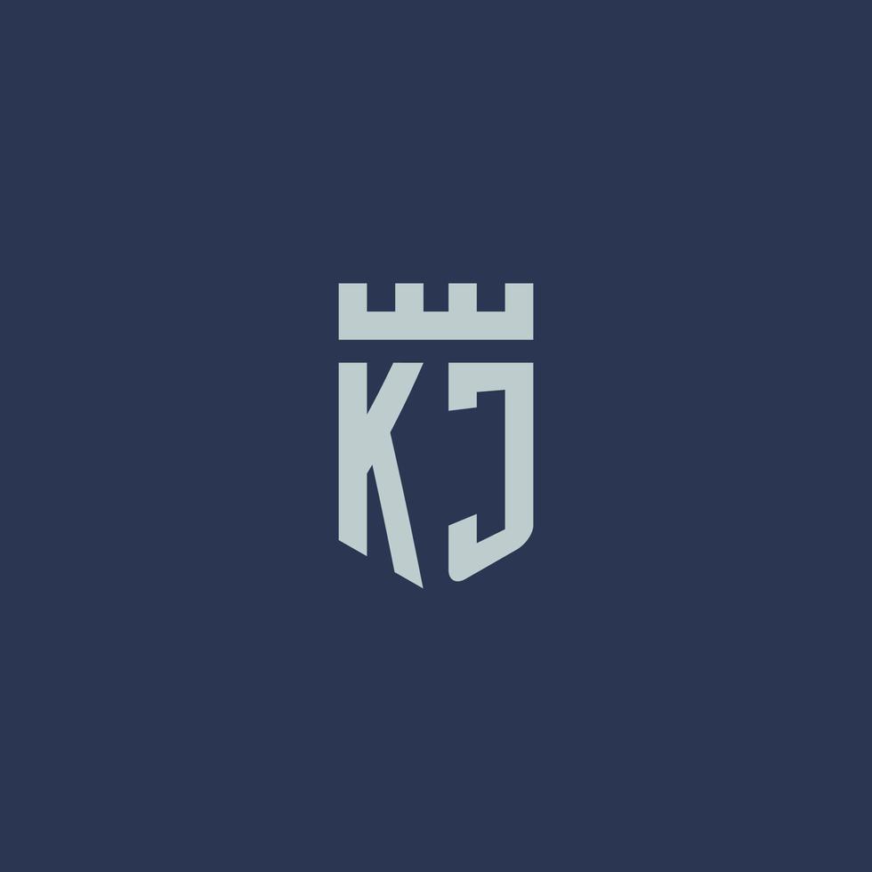 kj logotipo monograma com castelo fortaleza e design de estilo escudo vetor