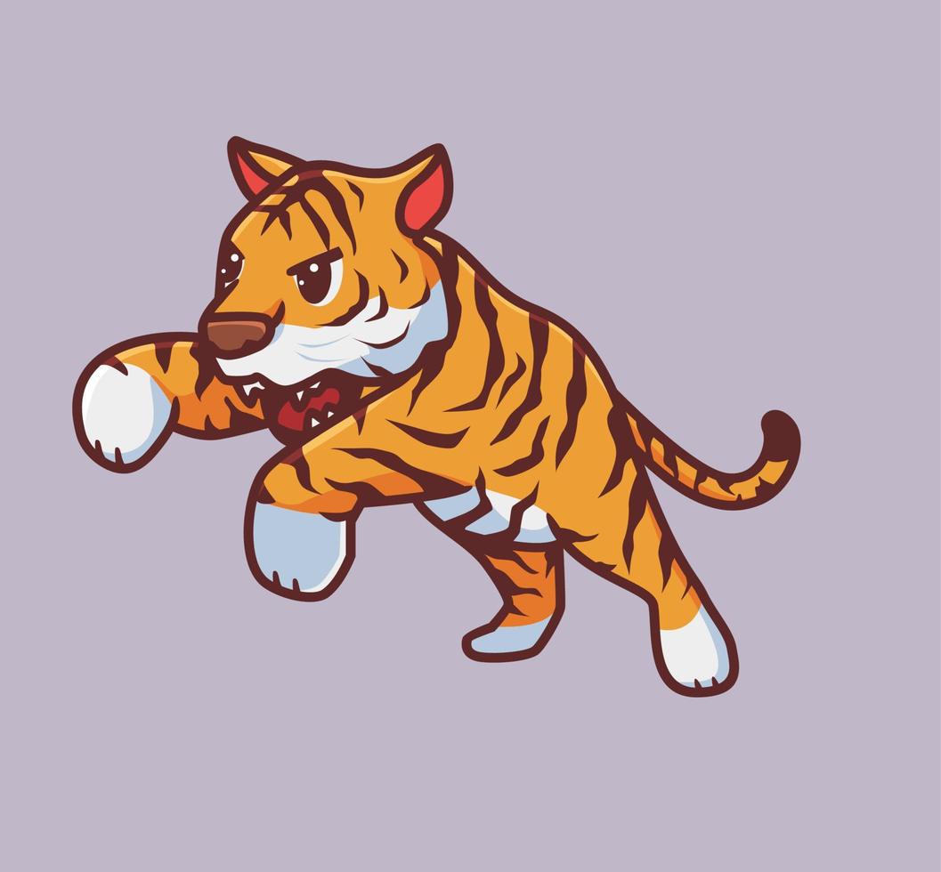 bonito tigre pulando caça. ilustração de natureza animal dos desenhos animados isolado. estilo plano adequado para vetor de logotipo premium de design de ícone de adesivo. personagem mascote