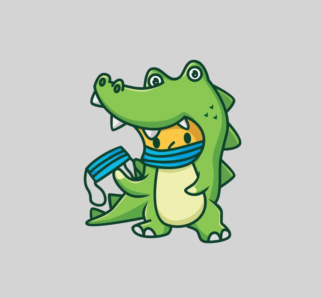 crocodilo bebê fofo usa uma máscara. ilustração isolada do conceito de natureza animal dos desenhos animados. estilo plano adequado para vetor de logotipo premium de design de ícone de adesivo. personagem mascote