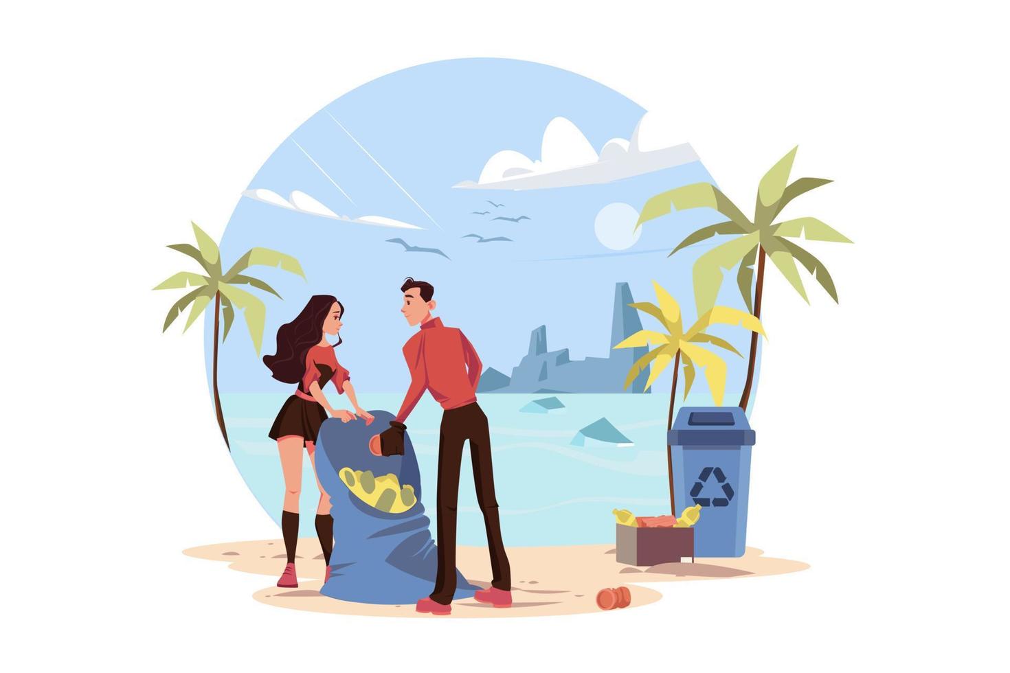casal recolhendo lixo da praia vetor