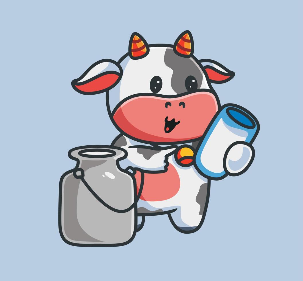 vaca bonitinha bebe leite fresco. ilustração de natureza animal dos desenhos animados isolado. estilo plano adequado para vetor de logotipo premium de design de ícone de adesivo. personagem mascote