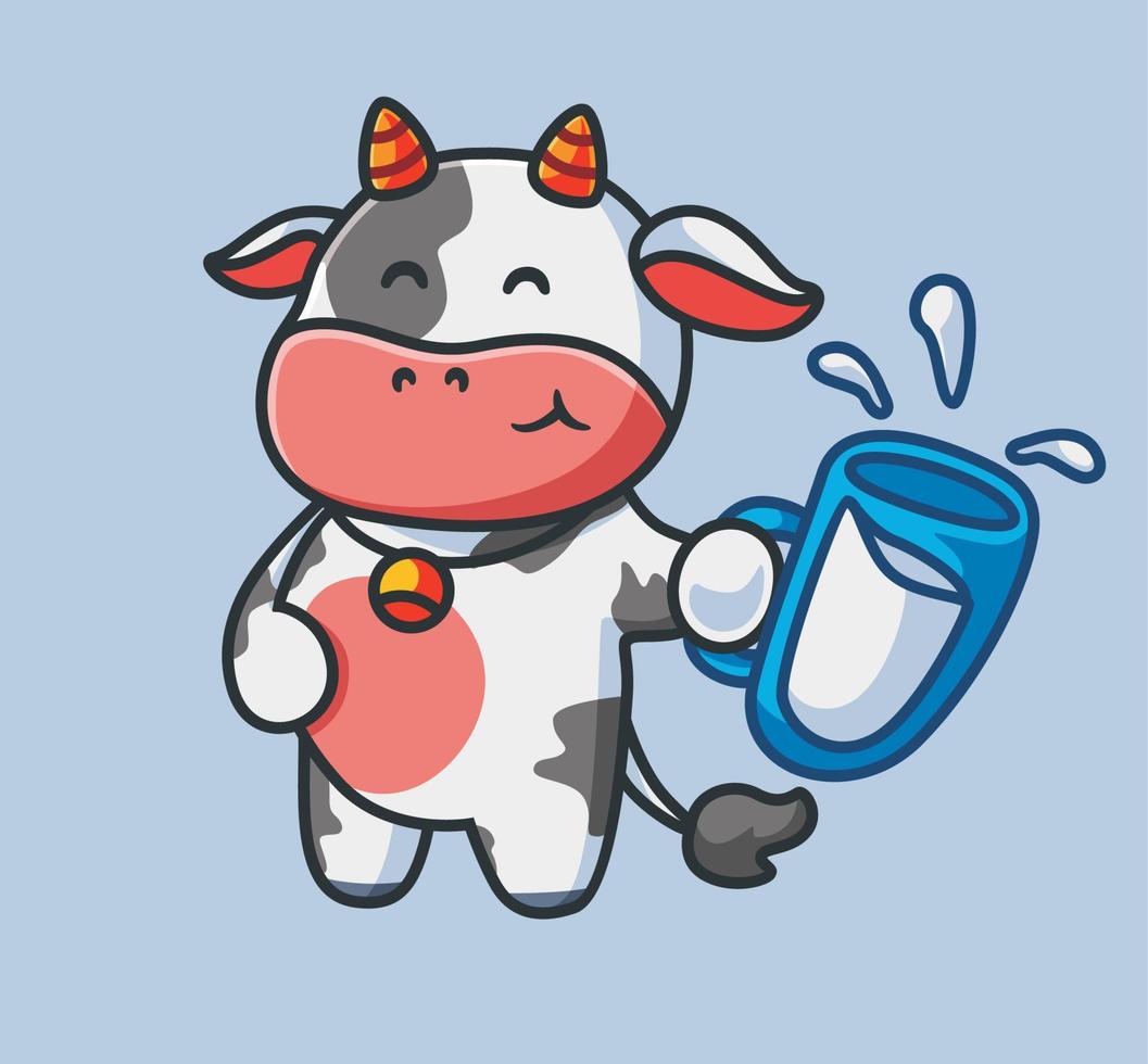 vaca bonita bebendo um leite no vidro. ilustração de natureza animal dos desenhos animados isolado. estilo plano adequado para vetor de logotipo premium de design de ícone de adesivo. personagem mascote