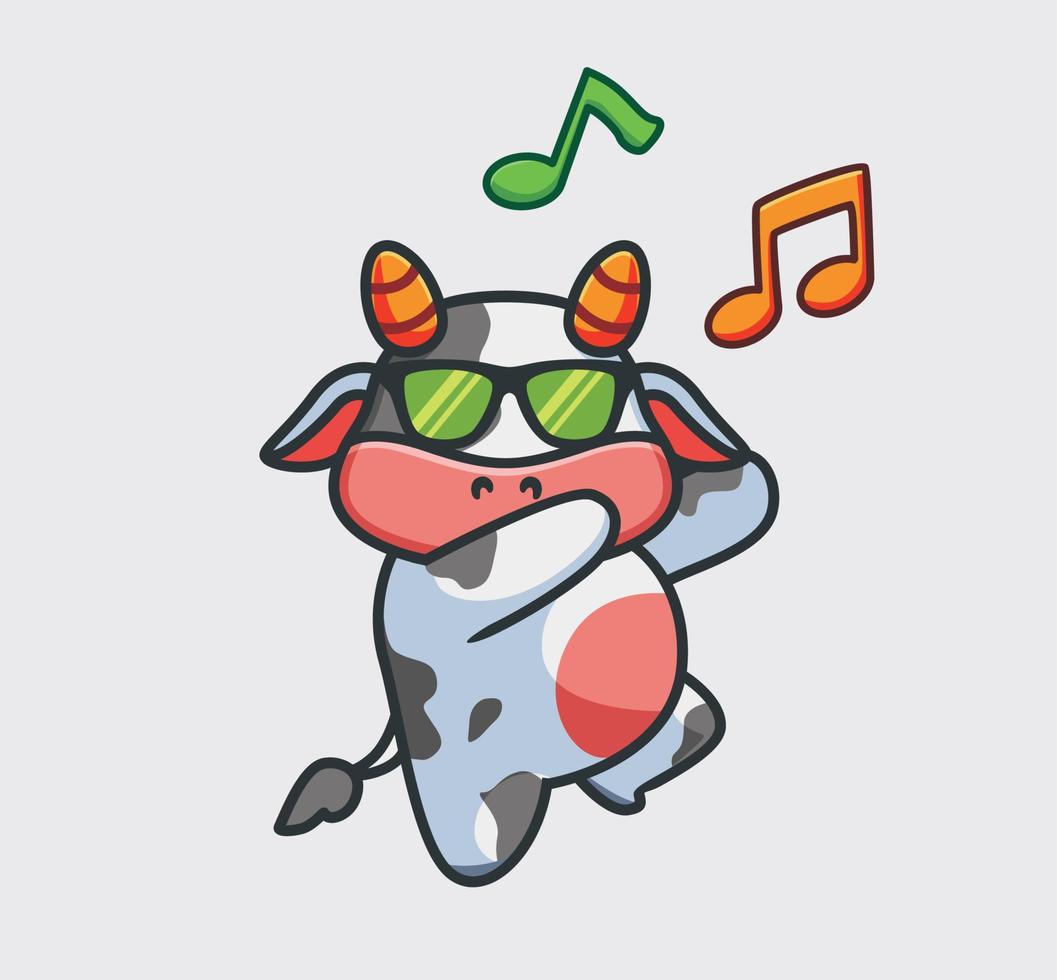 vaca bonitinha dançando e cantando uma música. ilustração de natureza animal dos desenhos animados isolado. estilo plano adequado para vetor de logotipo premium de design de ícone de adesivo. personagem mascote