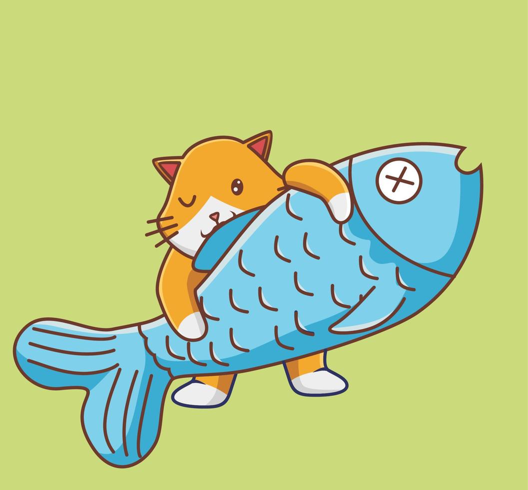 bonito gato ruivo pescando e pegando um peixe grande. ilustração de ícone de estilo plano de desenho animado isolado animal mascote de adesivo de logotipo de vetor premium