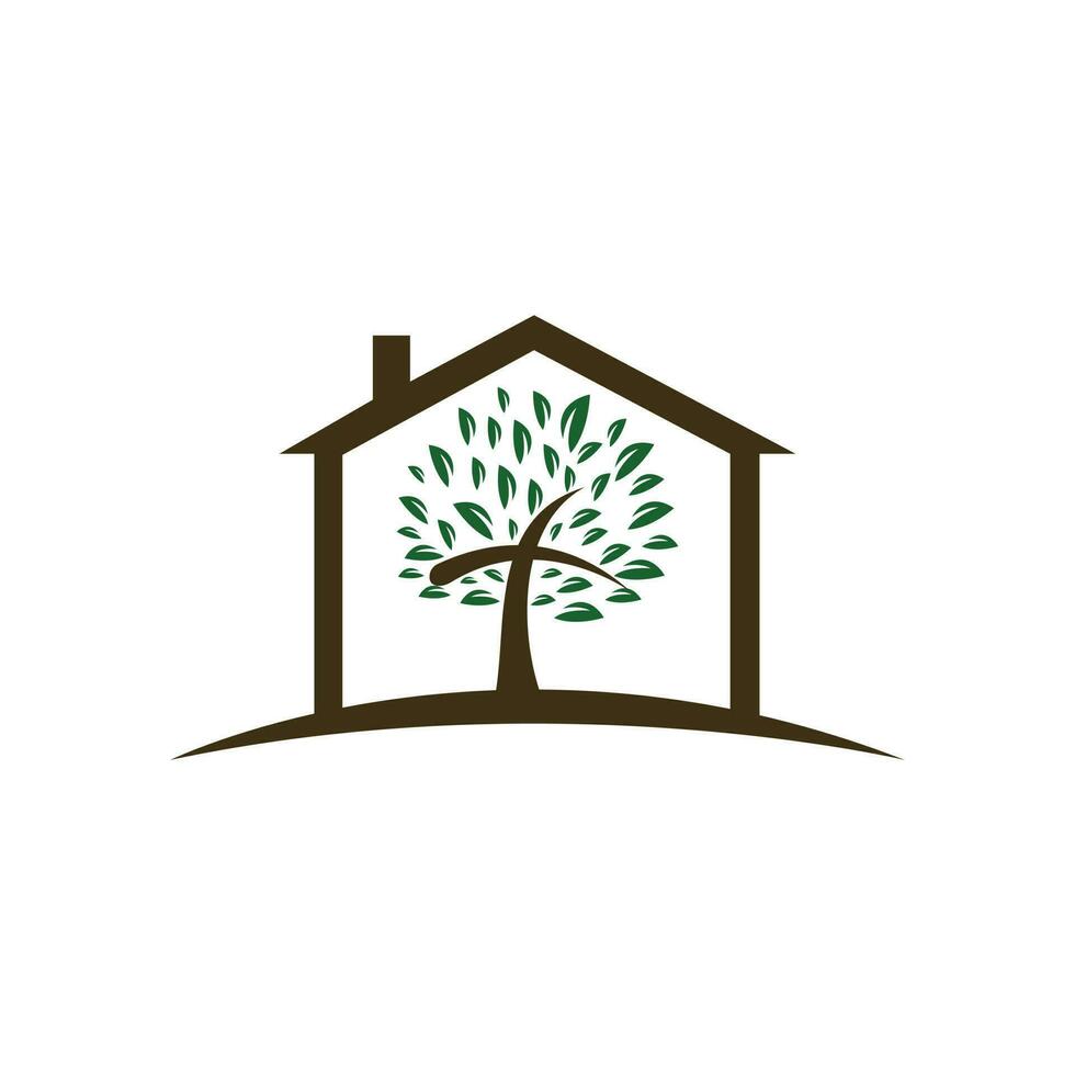 abstrato casa e árvore religiosa símbolo cruz ícone vector design.