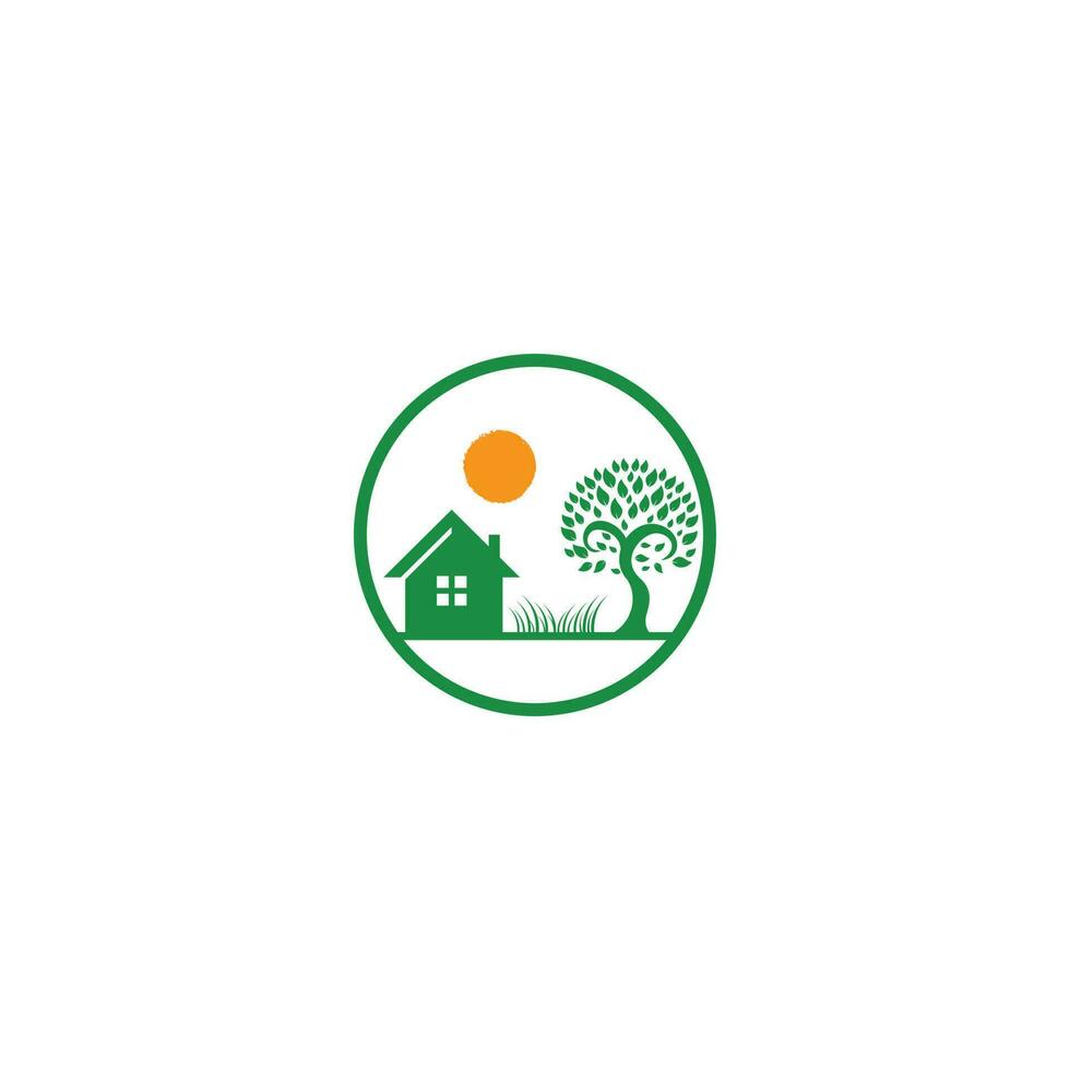 modelo de design de logotipo de vila ecológica. ícone do logotipo do vetor imobiliário bio casa sinal. rótulo de habitação orgânica para a vida de saúde.