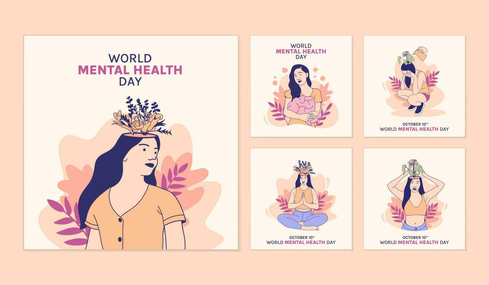 ilustrações linda flor dentro da cabeça feminina para coleção de postagens de mídia social do dia mundial da saúde mental vetor