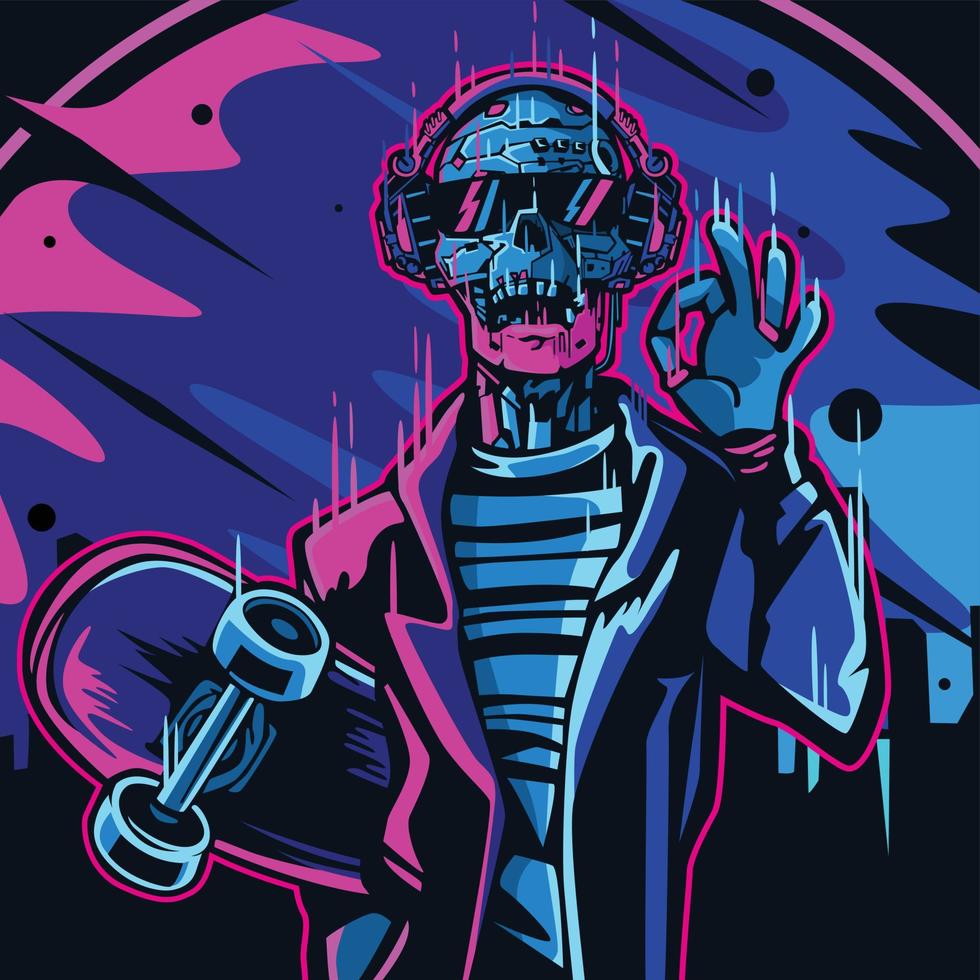 ilustração de personagem de vetor de crânio cibernético jogando skate