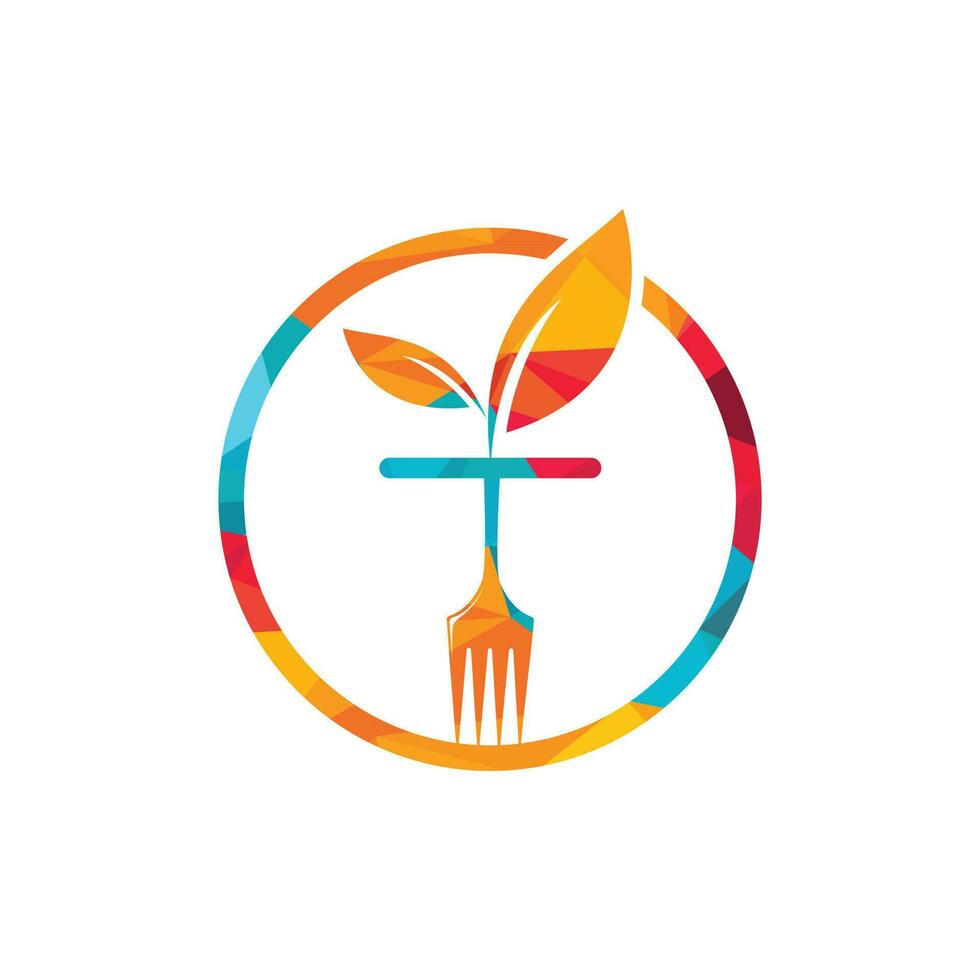 modelo de logotipo de comida saudável. logotipo de alimentos orgânicos com símbolo de garfo e folha. vetor