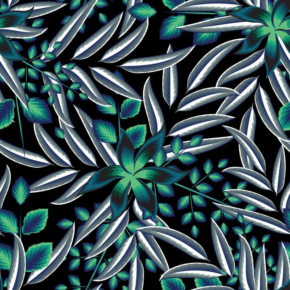 fundo decorativo de outono na noite com composição de folhas tropicais abstratas e folhagem de plantas de flores. padrão de vetor na moda. fundo floral. design exótico de verão. ilustração simples da natureza