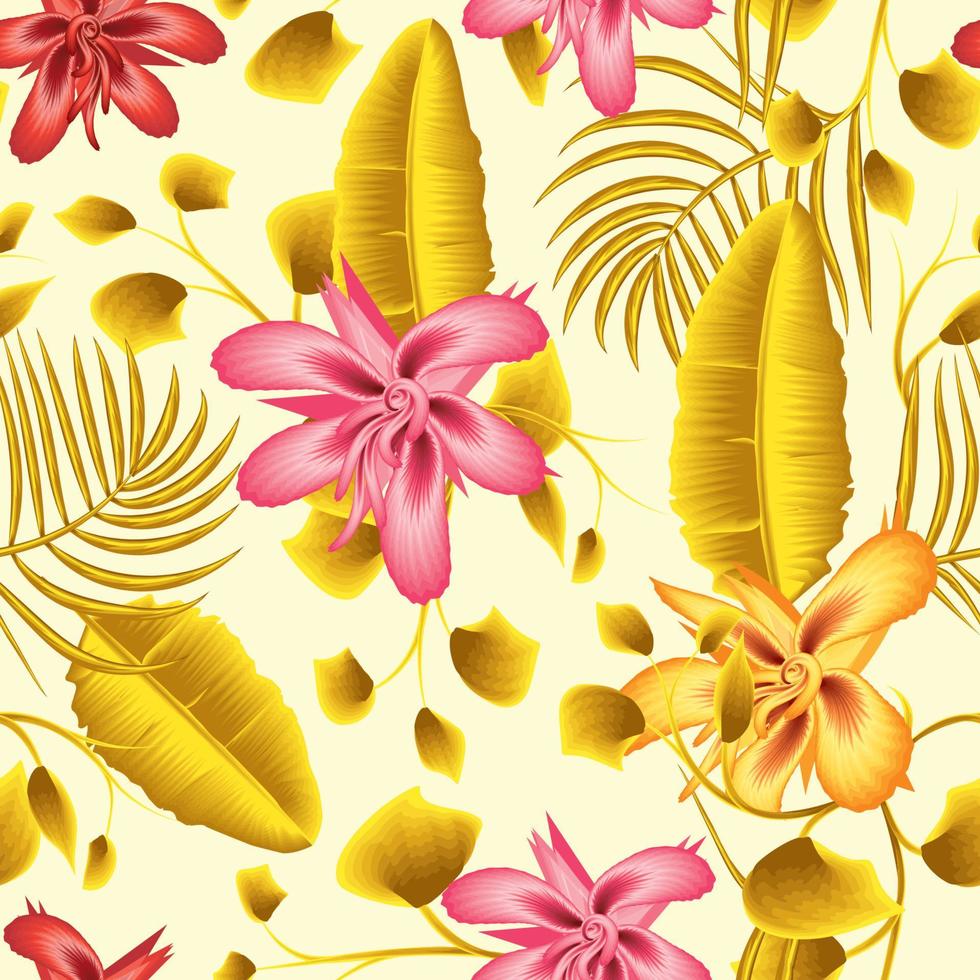 padrão abstrato sem costura de tendência com folhas de palmeira de banana tropical colorida e folhagem de plantas de flores de hibisco em fundo bege. desenho vetorial. estampa da selva. fundo floral. estampas exóticas de verão vetor