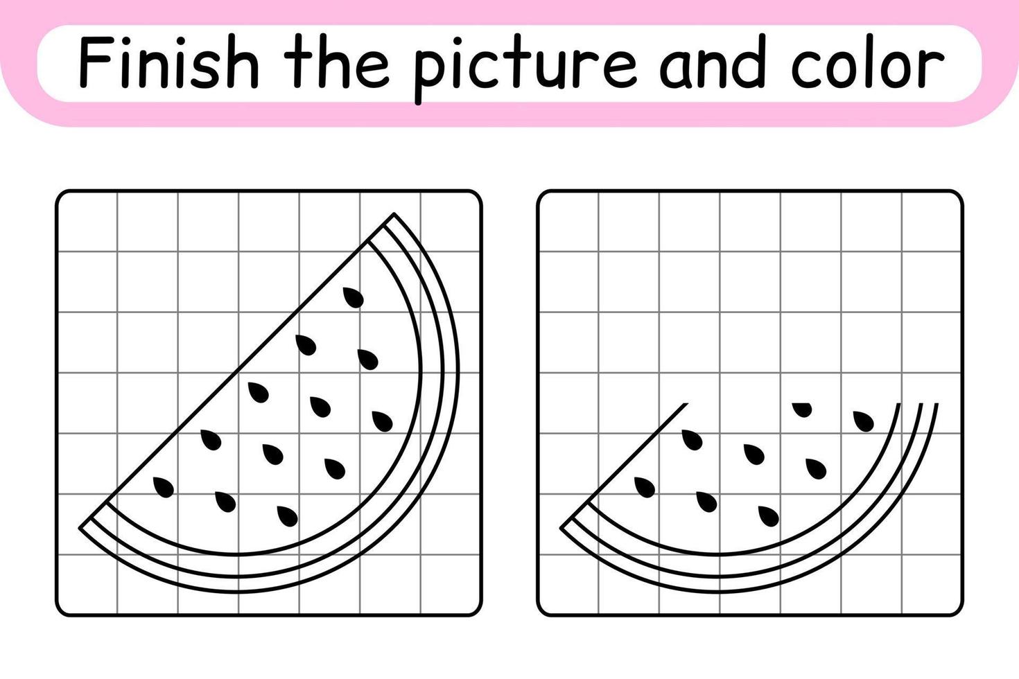 complete a melancia da imagem. copie a imagem e a cor. terminar a imagem. livro de colorir. jogo de exercício de desenho educacional para crianças vetor