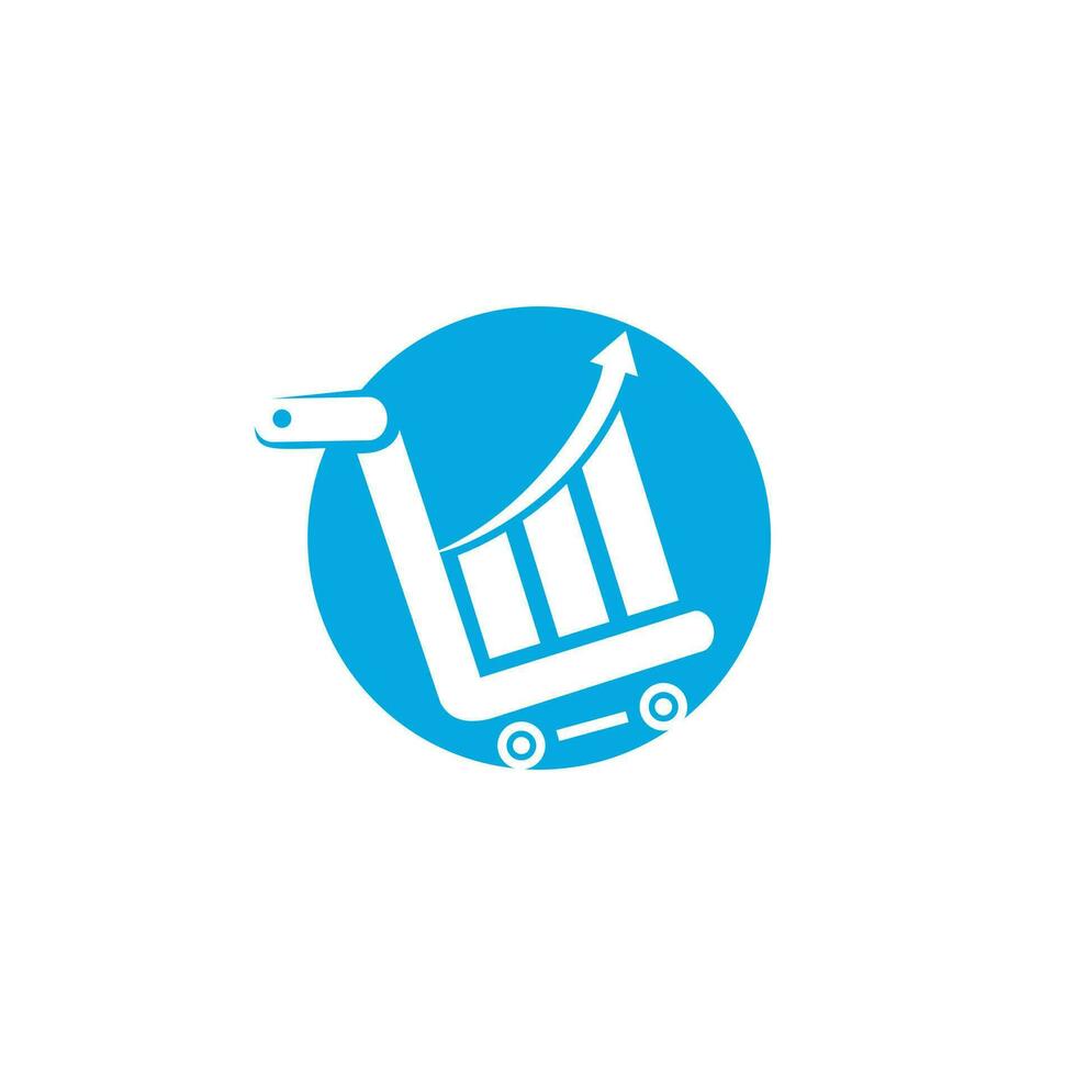 design de logotipo de negócios e mercado de ações. ilustração em vetor do diagrama de barras dentro do carrinho de compras.