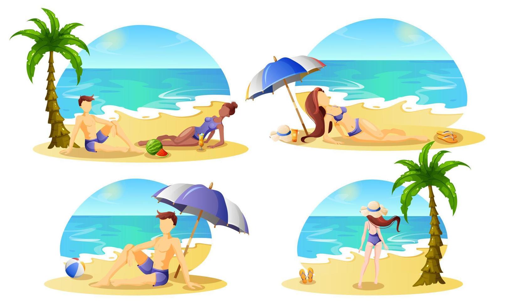 homens e mulheres turistas de férias descansam na praia. recreação, turismo de verão. vetor