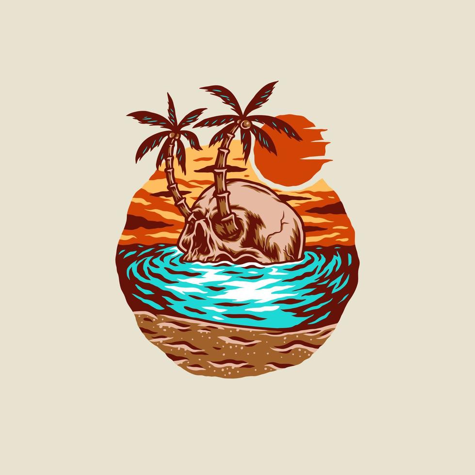 design gráfico de camiseta de praia de verão de caveira, linha desenhada à mão com cor digital, ilustração vetorial vetor