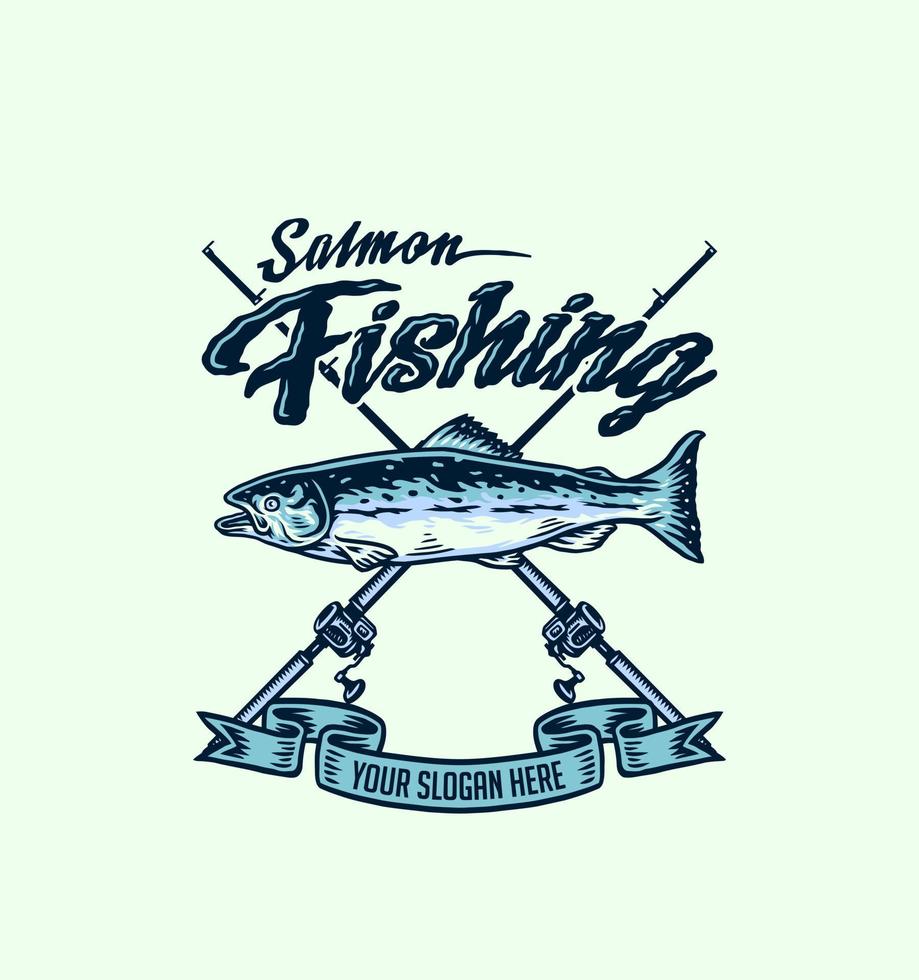 design gráfico de camiseta de pesca de salmão, estilo de linha desenhado à mão com cor digital, ilustração vetorial vetor