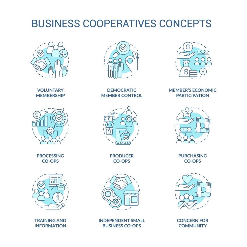 conjunto de ícones de conceito turquesa de cooperativas de negócios. ilustração de cores de linha fina de ideia de trabalho cooperativo. Filiação. símbolos isolados. traço editável. vetor