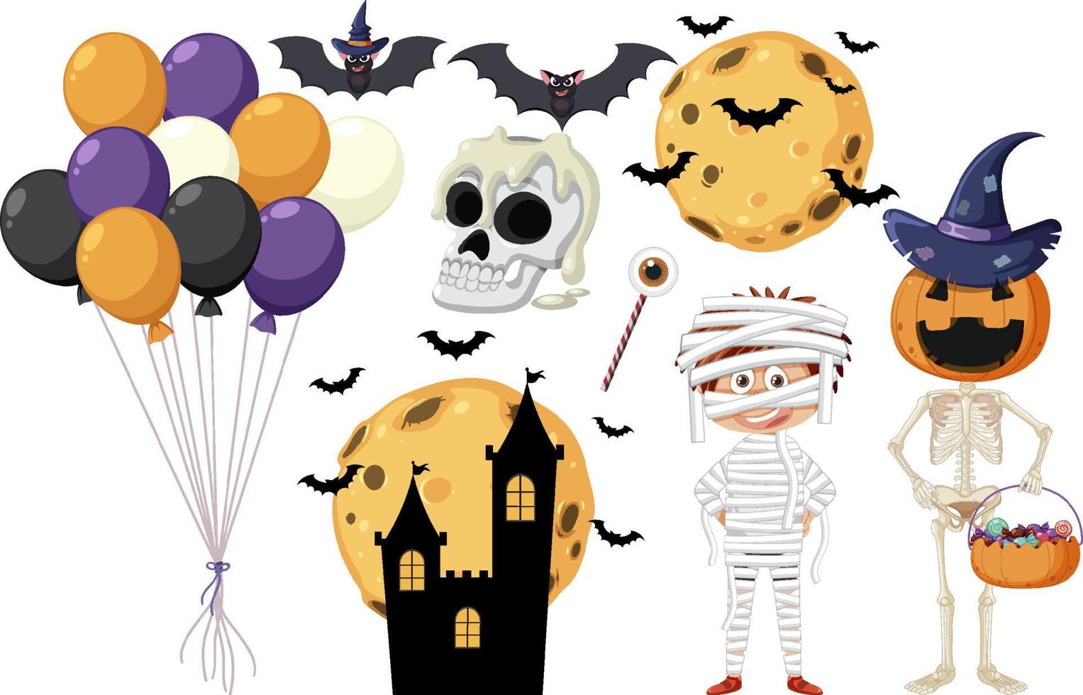conjunto de personagens e elementos de desenhos animados de halloween vetor