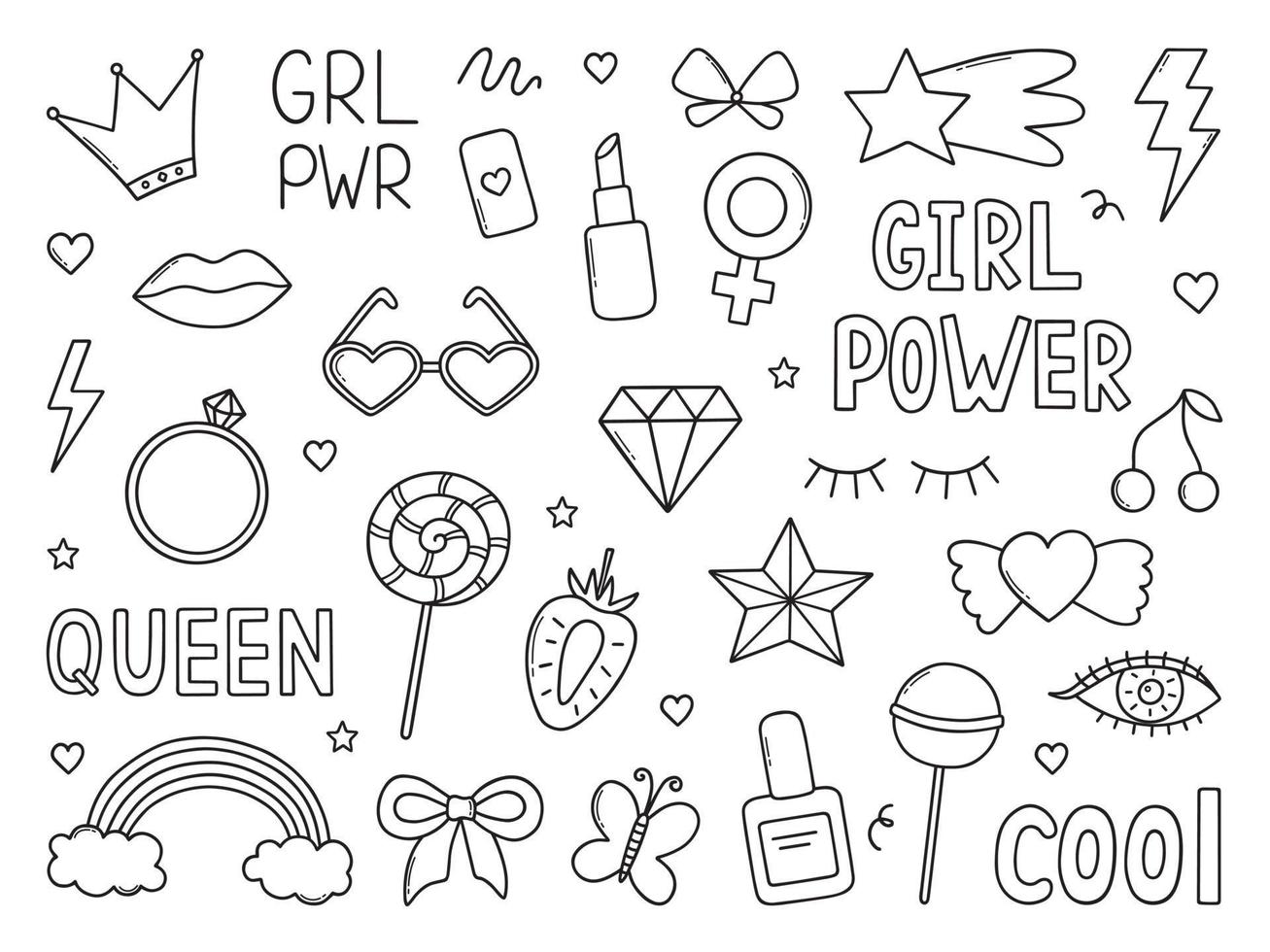 conjunto desenhado de mão de doodle de poder feminino. elementos feministas e festa de meninas no estilo de desenho. ilustração vetorial vetor