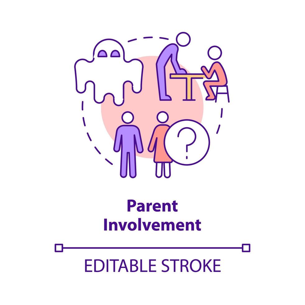 ícone do conceito de envolvimento dos pais. interferência do processo. problema nas escolas públicas idéia abstrata ilustração de linha fina. desenho de contorno isolado. traço editável. vetor