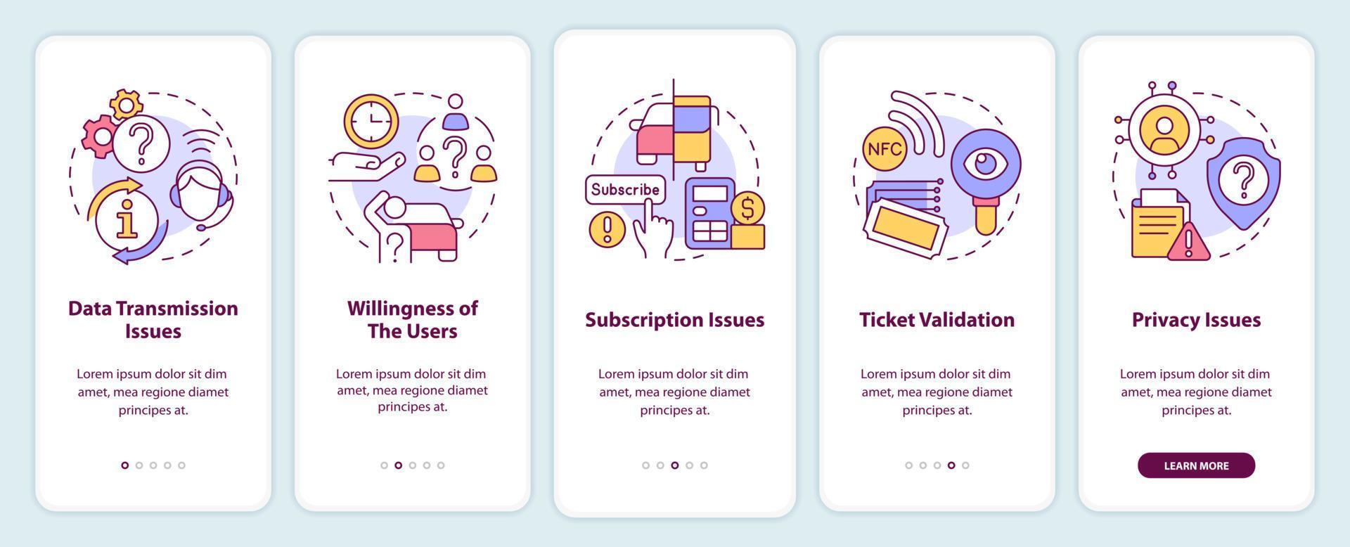 maas problemas na tela do aplicativo móvel de integração. desvantagens do sistema passo a passo 5 passos instruções gráficas editáveis com conceitos lineares. ui, ux, modelo de gui. vetor