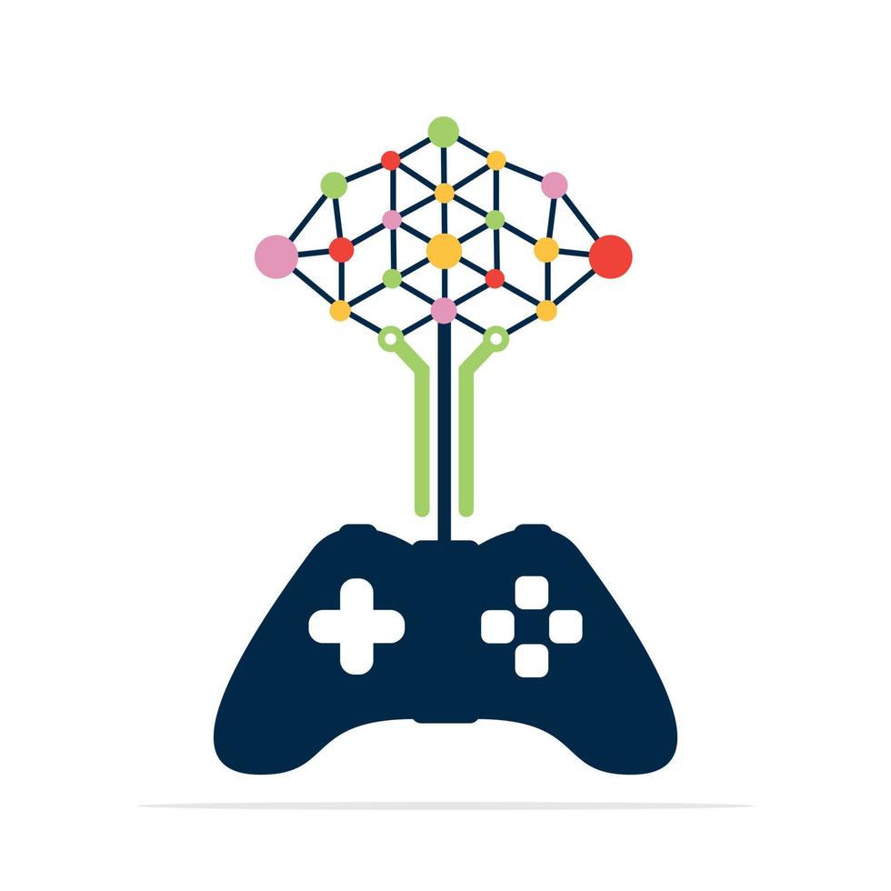 modelo de design de conceito de logotipo de árvore de rede de jogos. joystick com design de vetor de ícone de árvore técnica.