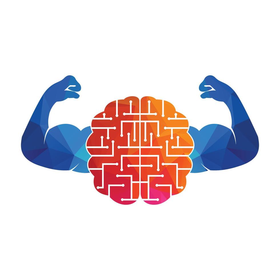 design de logotipo de vetor de cérebro técnico forte. forte conexão cerebral com bíceps fortes.