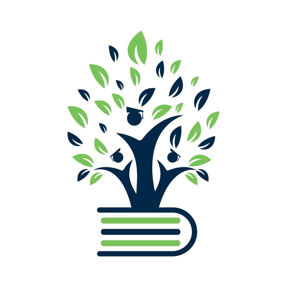 crescimento da árvore de educação no logotipo de vetor de ideia de livro. estudantes com design vetorial de boné de formatura.