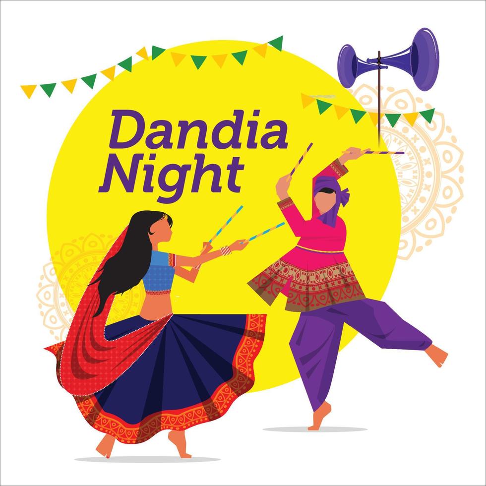 ilustração de casal tocando dandiya no cartaz de banner noturno disco dandia para o festival navratri dussehra da índia vetor