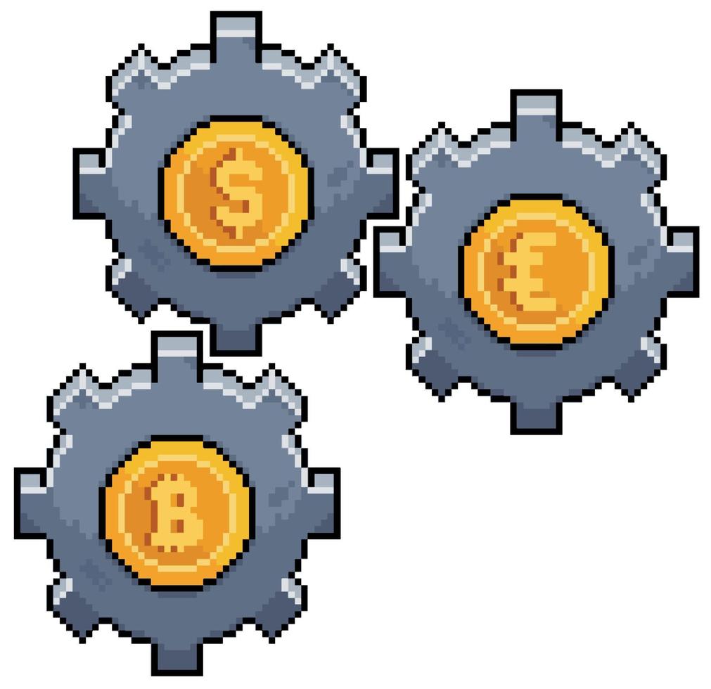 engrenagens de pixel art do mercado financeiro. ícone de vetor de dólar, euro e bitcoin para jogo de 8 bits em fundo branco