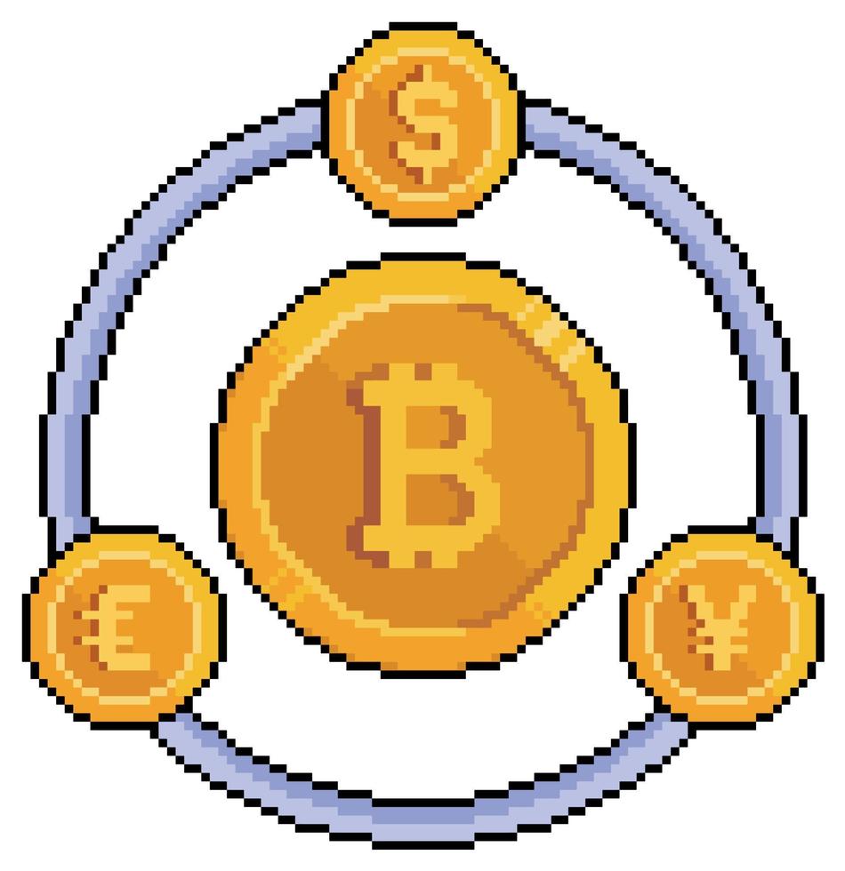 pixel art trocar moedas fiduciárias por bitcoin. ícone de vetor de dólar, euro e iene para jogo de 8 bits em fundo branco