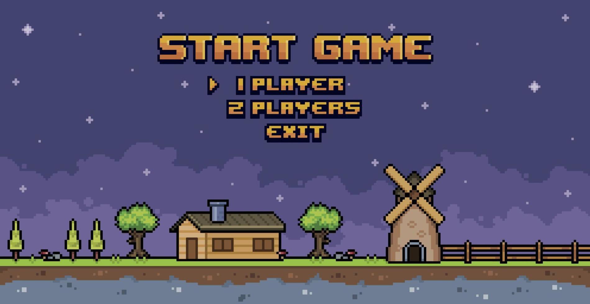 menu de jogo de fazenda de pixel art. tela inicial do jogo de 8 bits com fundo de paisagem noturna vetor