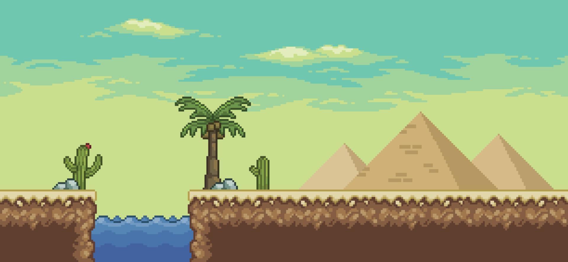 cena do jogo do deserto de pixel art com pirâmide, palmeira, oásis, cactos 8bit paisagem de fundo vetor