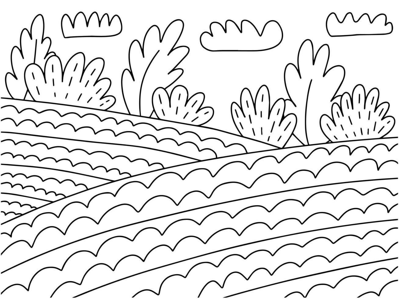 página para colorir com paisagem de campos. página para colorir de campos de colheita de feno para crianças e adultos vetor