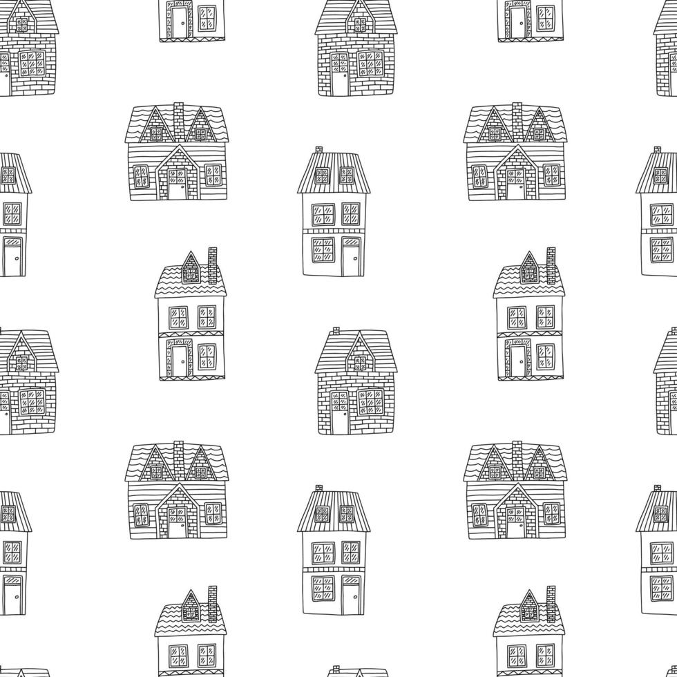 padrão sem emenda de mão desenhada casa de campo. casa escandinava com padrão de doodle de vetor de telhado isolado no fundo branco.