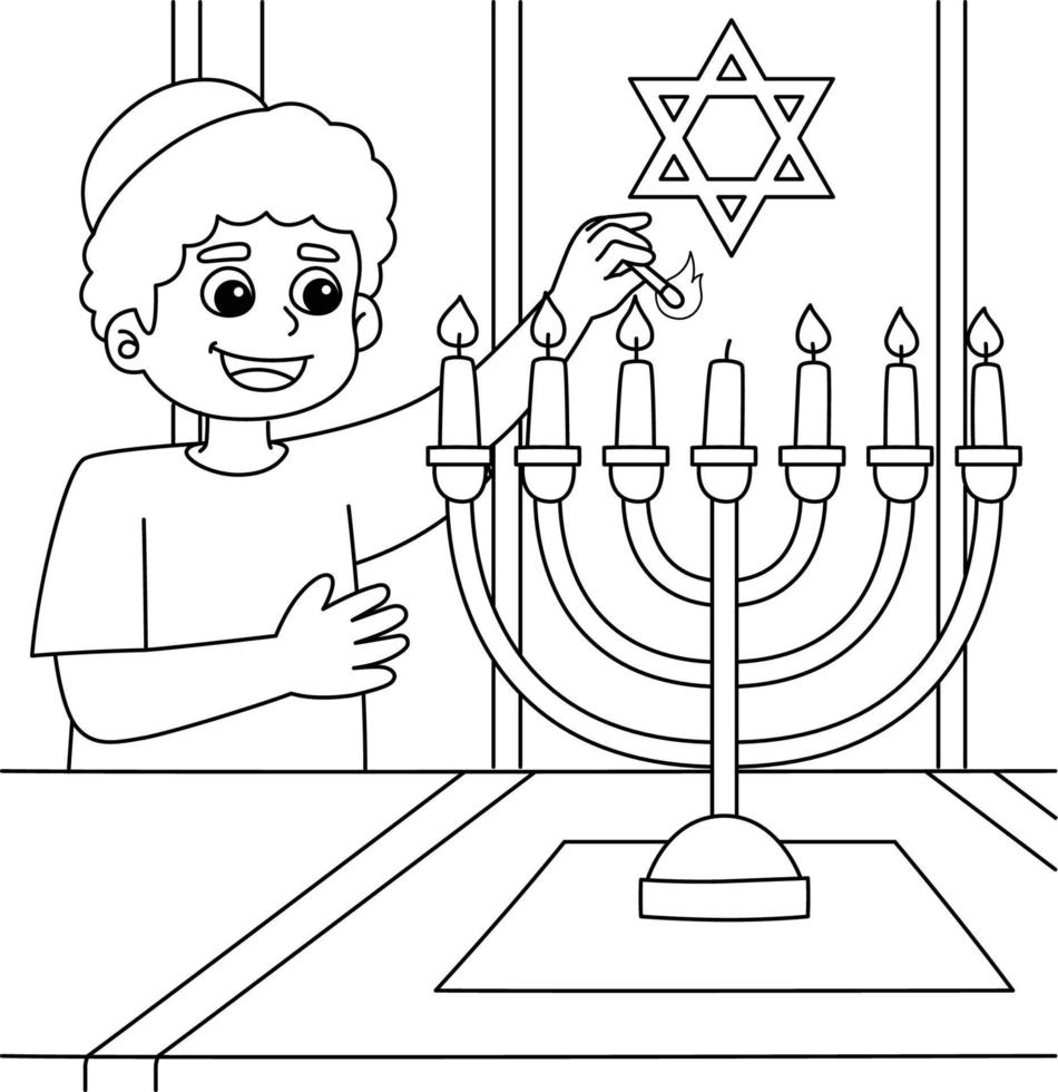 desenho de menino de hanukkah iluminando menorá para colorir vetor