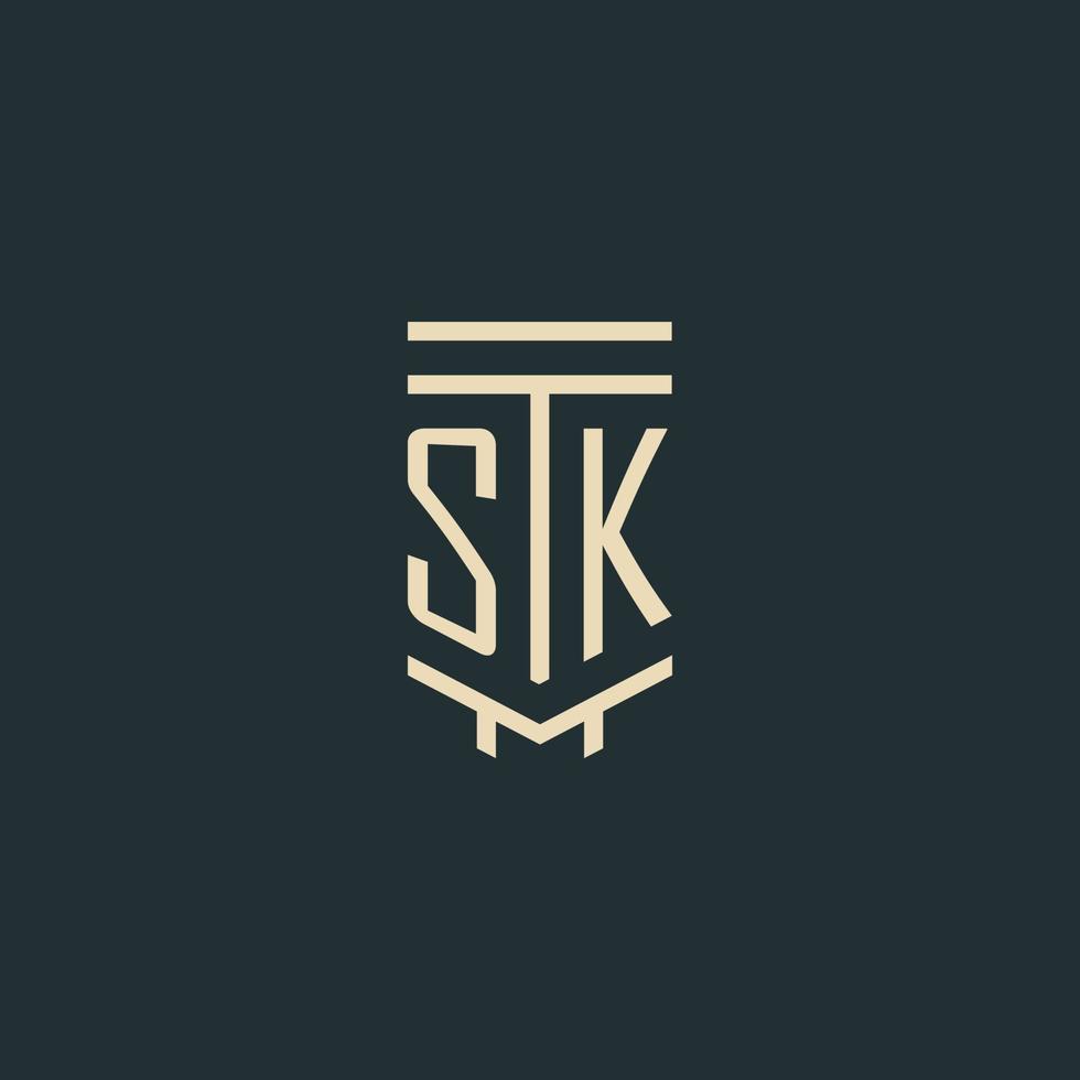 sk monograma inicial com designs de logotipo de pilar de arte de linha simples vetor