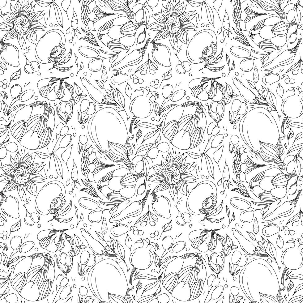 padrão perfeito com flores, legumes e frutas na técnica de doodle vetor