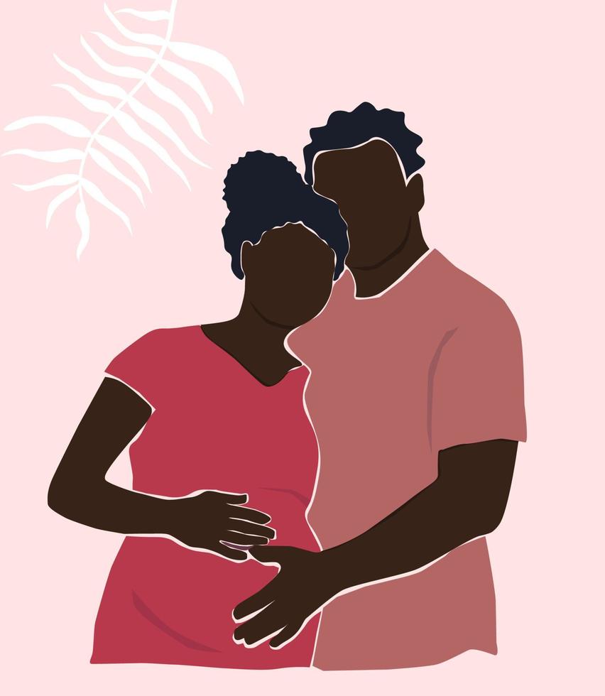 um casal africano de homens e mulheres, futuros pais esperando um filho. esposa grávida e marido abraçam. o conceito de família, amor, maternidade. gráficos vetoriais. vetor