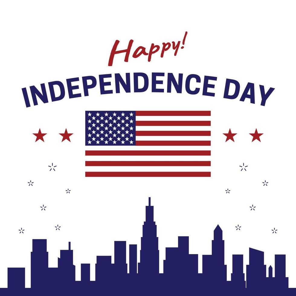 feliz dia da independência estados unidos da américa eua 4 de julho celebração do cartaz com ilustração de silhueta e bandeira da cidade vetor