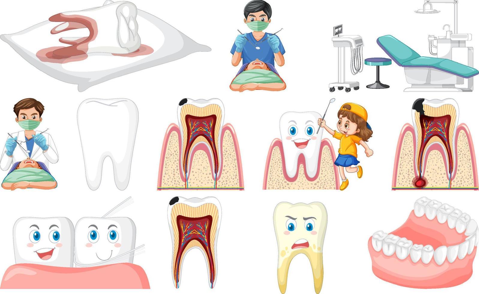 conjunto de equipamentos odontológicos e personagens de desenhos animados vetor