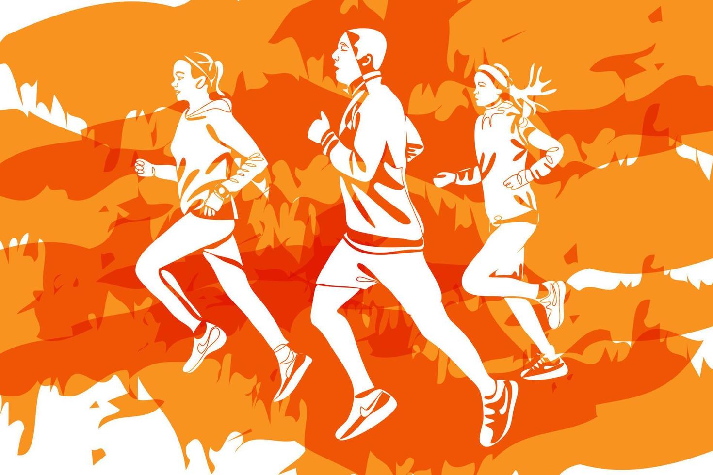 silhuetas de pessoas correndo maratona de outono em fundo laranja vetor
