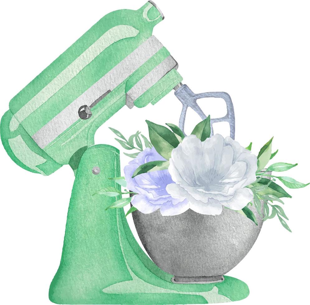 misturador planetário de pastelaria turquesa menta aquarela com flores ideal para logotipo de padaria. vetor