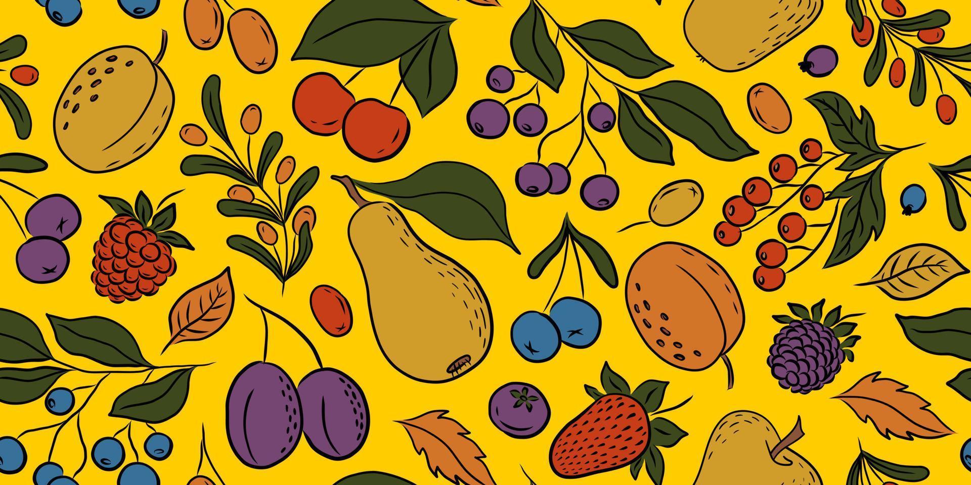 padrão sem emenda de vetor amarelo com frutas e bagas coloridas