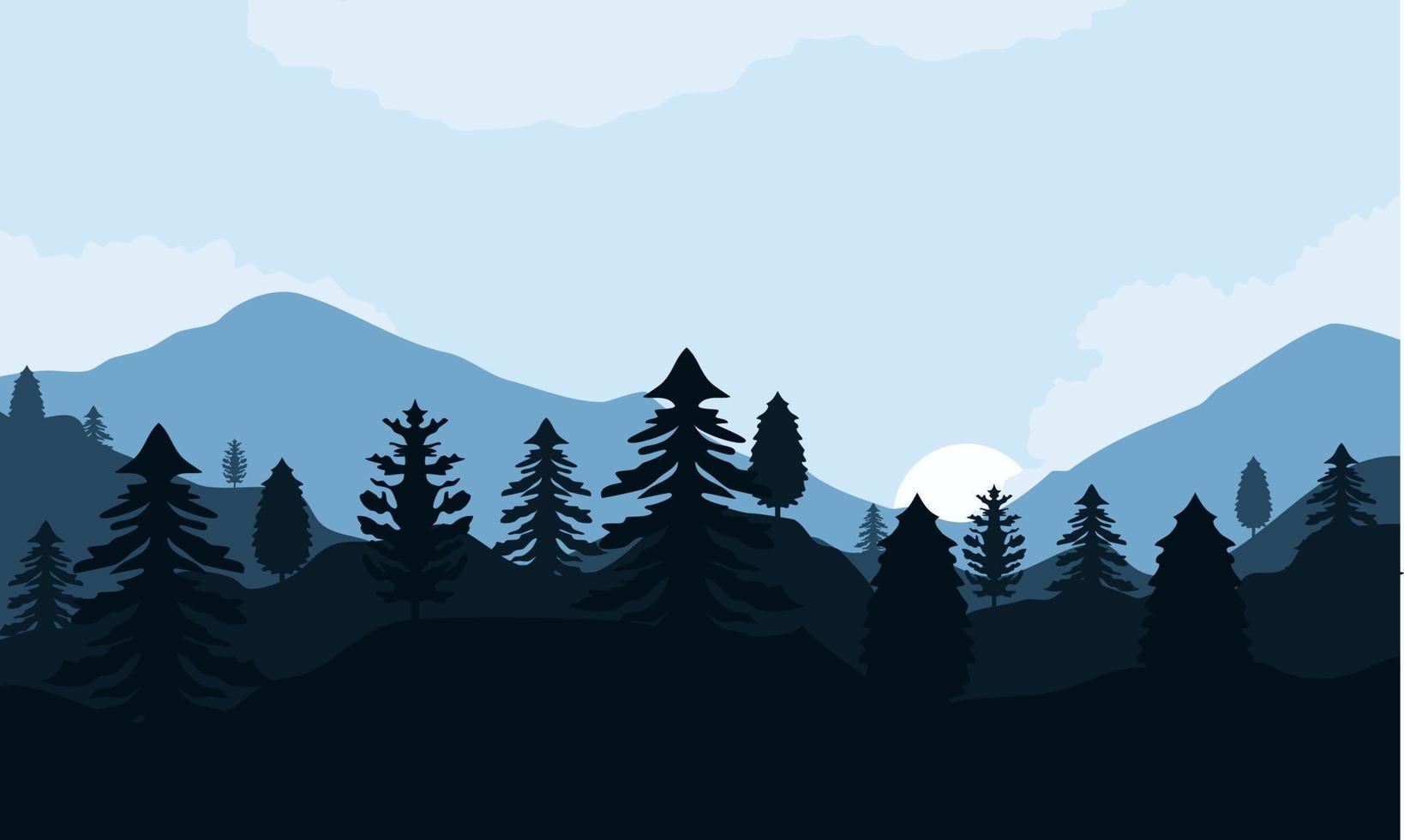 papel de parede de inverno para desktop com estilo de design plano. ilustração de inverno com montanhas e pinheiros. vetor