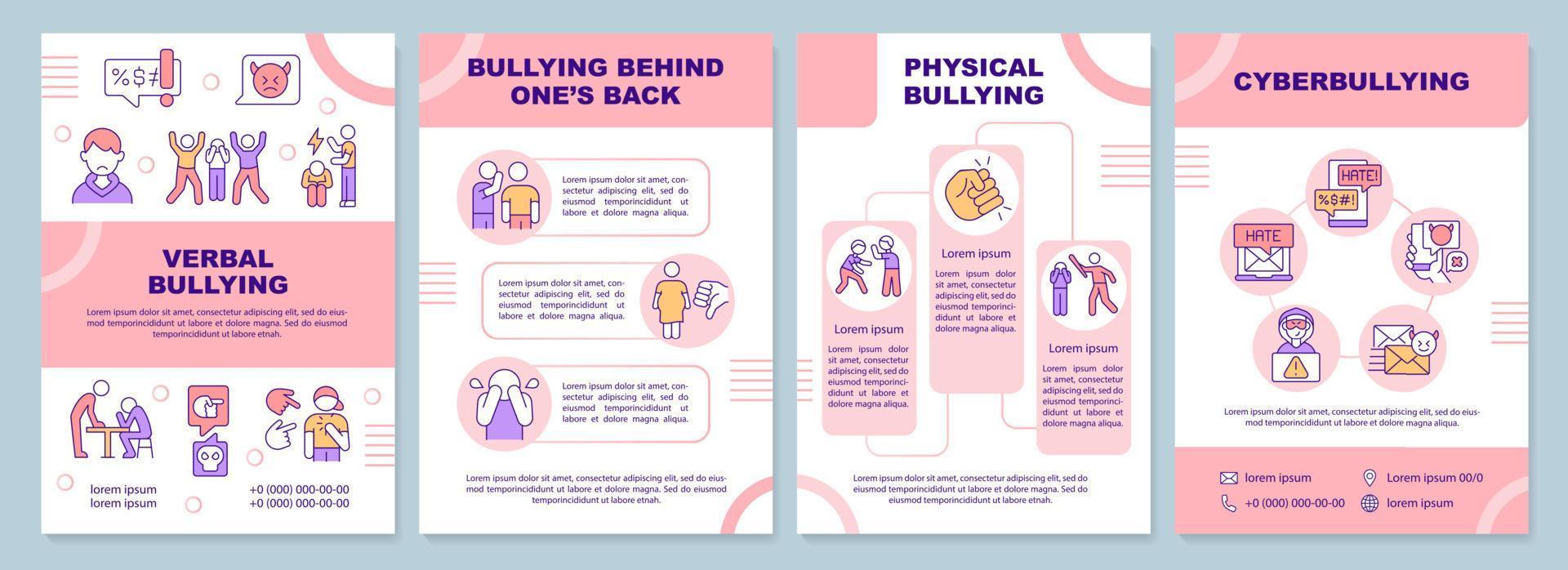 modelo de folheto rosa bullying adolescente. cyberbullying. design de folheto com ícones lineares. 4 layouts vetoriais editáveis para apresentação, relatórios anuais. vetor