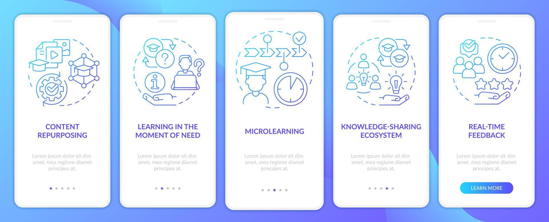 novas habilidades, você pode aprender a tela do aplicativo móvel de integração do gradiente azul. passo a passo 5 passos páginas de instruções gráficas com conceitos lineares. ui, ux, modelo de gui. vetor