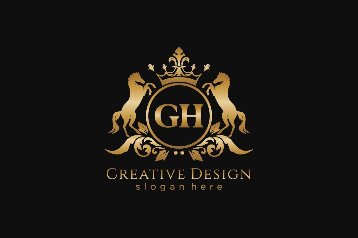 crista dourada retrô inicial gh com círculo e dois cavalos, modelo de crachá com pergaminhos e coroa real - perfeito para projetos de marca luxuosos vetor